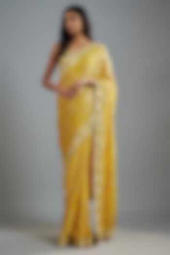 Mustard Georgette Hand Embroidered Saree Set by I AM DESIGN at Pernia's Pop Up Shop