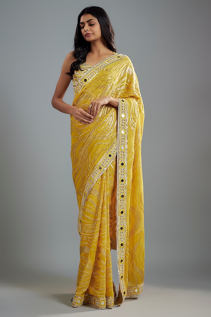 Mustard Georgette Hand Embroidered Saree Set by I AM DESIGN at Pernia's Pop Up Shop