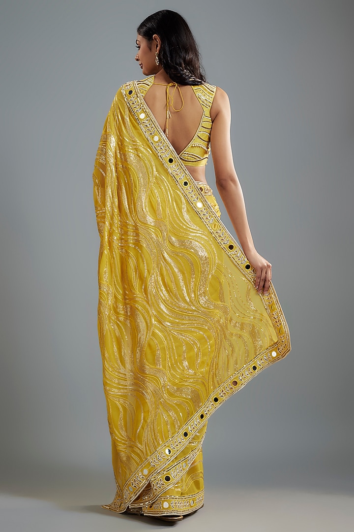 Mustard Georgette Hand Embroidered Wedding Saree Set by I AM DESIGN at Pernia's Pop Up Shop