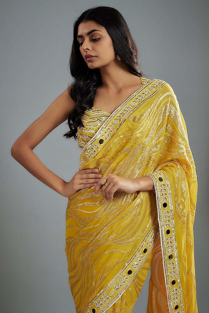 Mustard Georgette Hand Embroidered Wedding Saree Set by I AM DESIGN at Pernia's Pop Up Shop