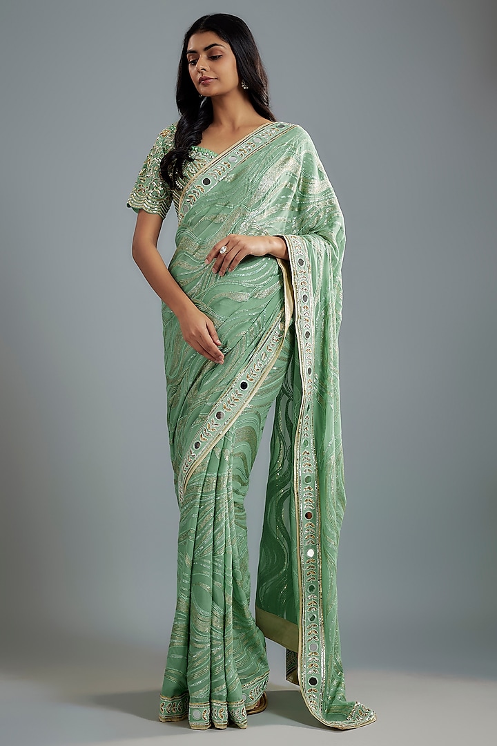 Sea Green Georgette Hand Embroidered Saree Set by I AM DESIGN at Pernia's Pop Up Shop