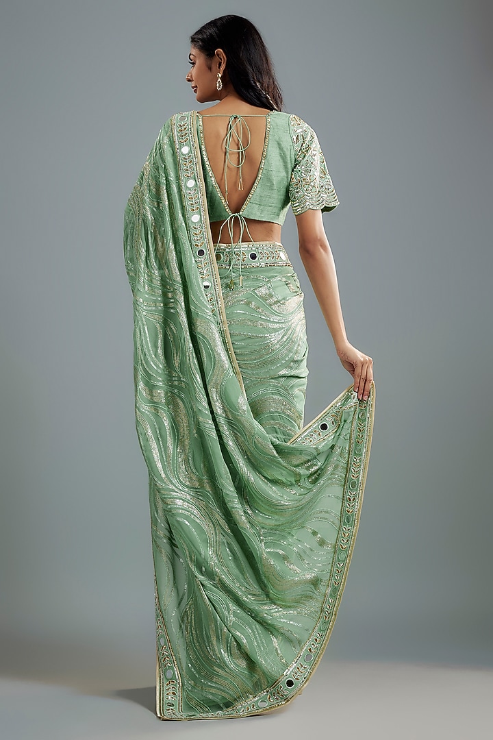 Sea Green Georgette Hand Embroidered Wedding Saree Set by I AM DESIGN at Pernia's Pop Up Shop