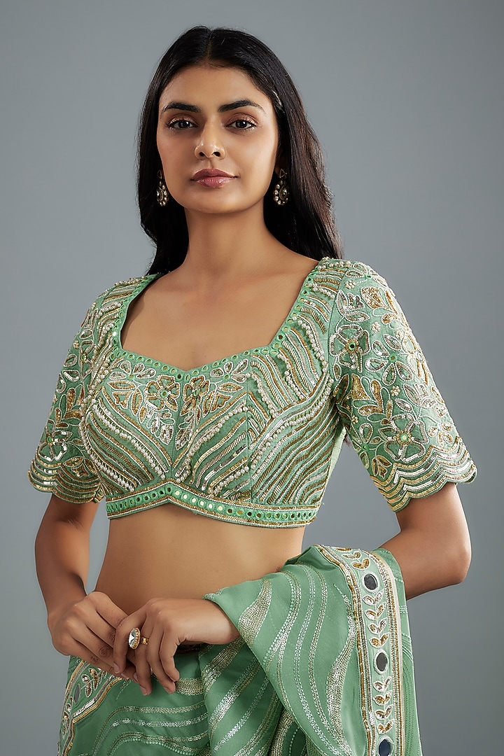 Sea Green Georgette Hand Embroidered Wedding Saree Set by I AM DESIGN at Pernia's Pop Up Shop