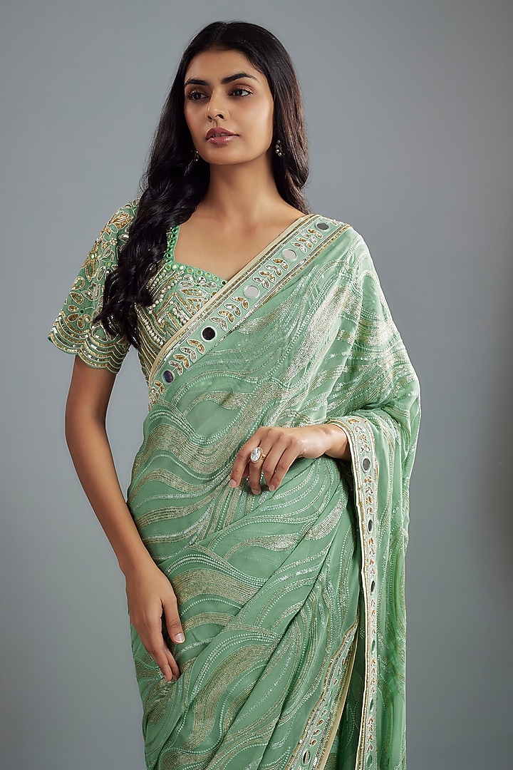 Sea Green Georgette Hand Embroidered Wedding Saree Set by I AM DESIGN at Pernia's Pop Up Shop