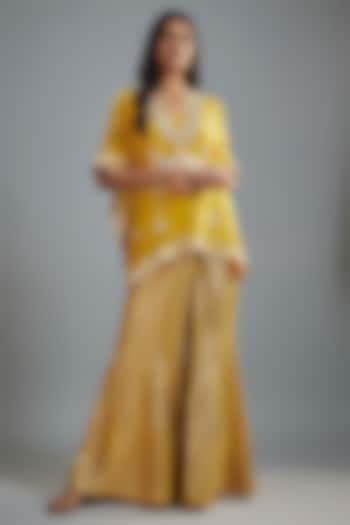 Mustard Georgette Hand Embroidered Kaftan Set by I AM DESIGN at Pernia's Pop Up Shop