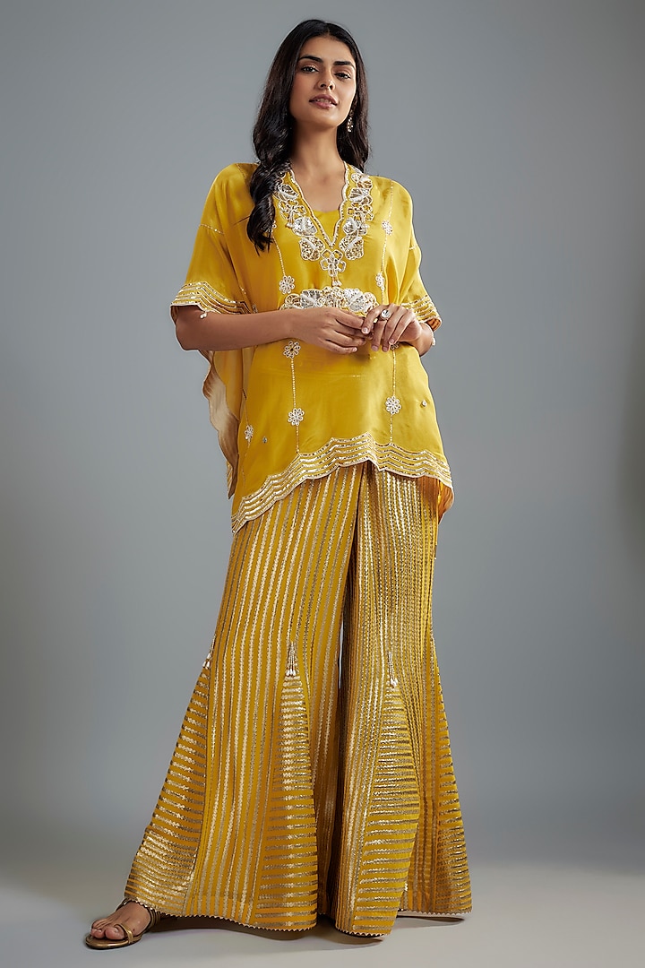 Mustard Georgette Hand Embroidered Kaftan Set by I AM DESIGN at Pernia's Pop Up Shop