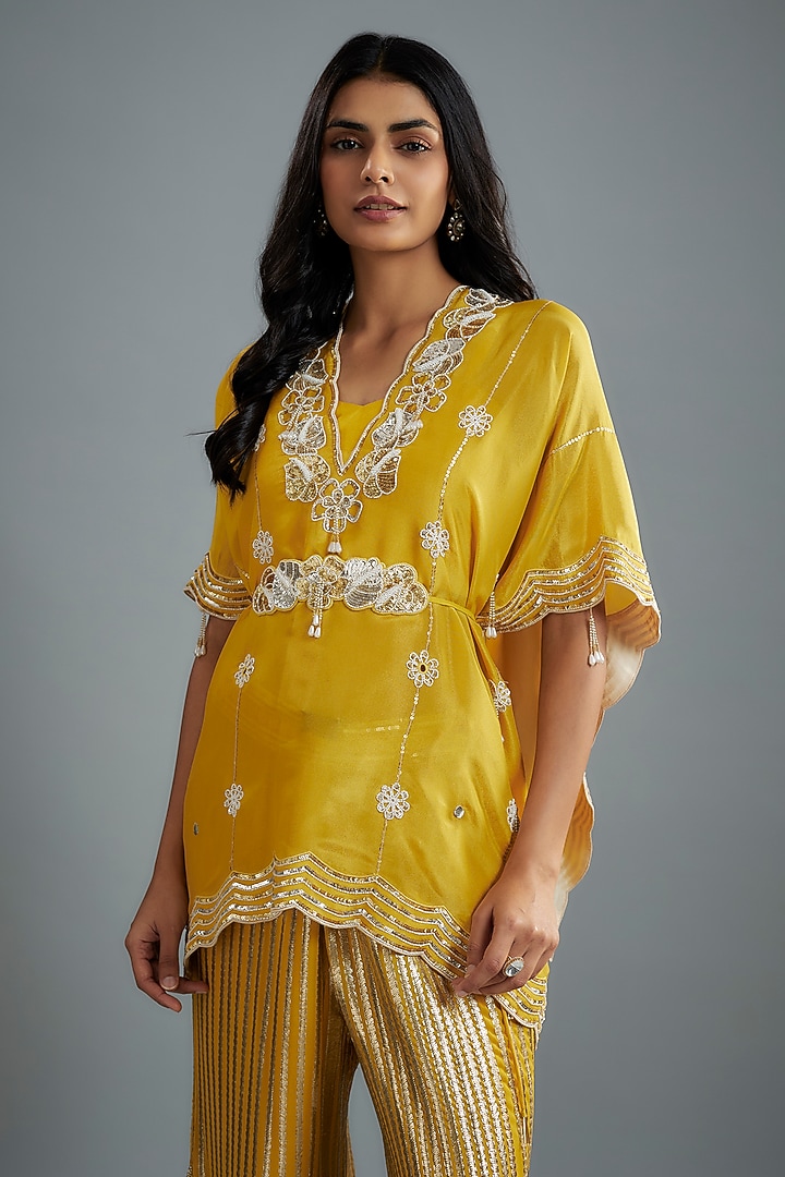 Mustard Georgette Hand Embroidered Kaftan Set by I AM DESIGN at Pernia's Pop Up Shop