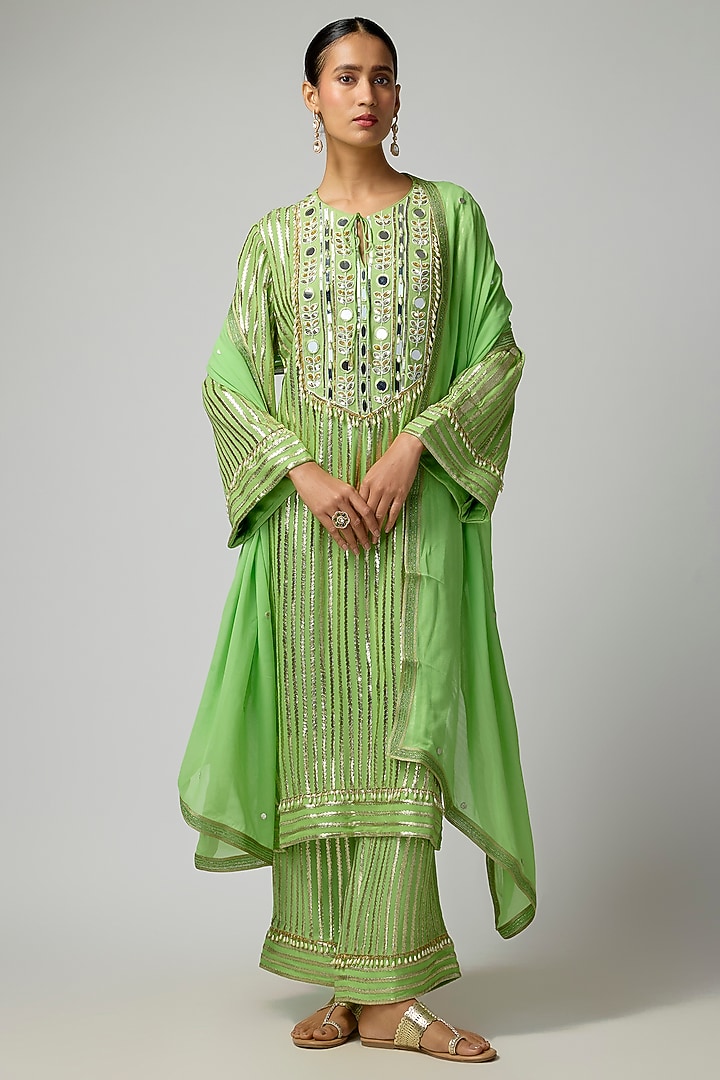 Green Georgette Hand Embroidered Metallic Kurta Set by I AM DESIGN at Pernia's Pop Up Shop