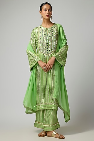Green Georgette Hand Embroidered Metallic Kurta Set by I AM DESIGN