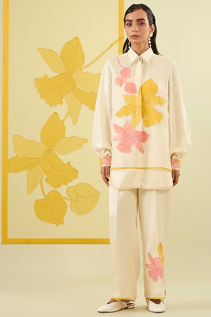 Ivory Linen Satin Applique & Pearl Work Co-Ord Set by I AM DESIGN at Pernia's Pop Up Shop