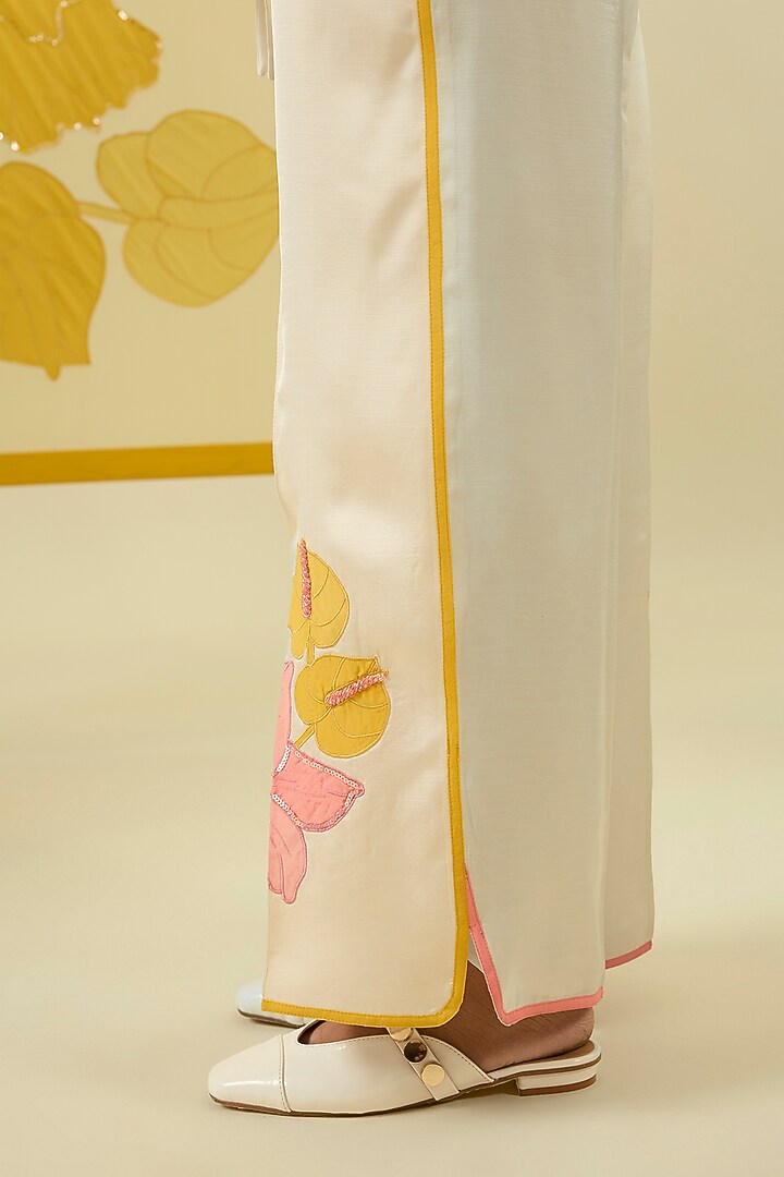 Ivory Linen Satin Applique & Pearl Work Co-Ord Set by I AM DESIGN at Pernia's Pop Up Shop