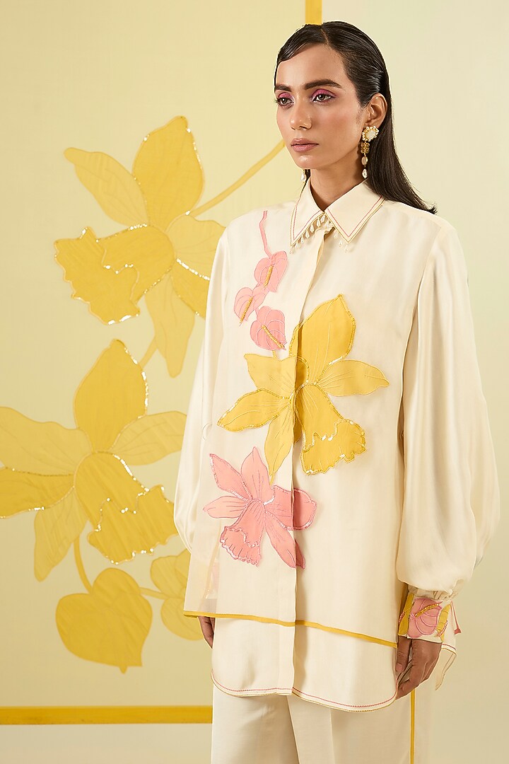 Ivory Linen Satin Applique & Pearl Work Co-Ord Set by I AM DESIGN at Pernia's Pop Up Shop