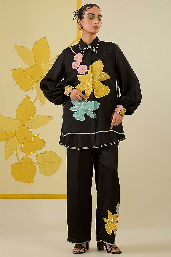 Black Linen Satin Applique & Pearl Work Co-Ord Set by I AM DESIGN at Pernia's Pop Up Shop