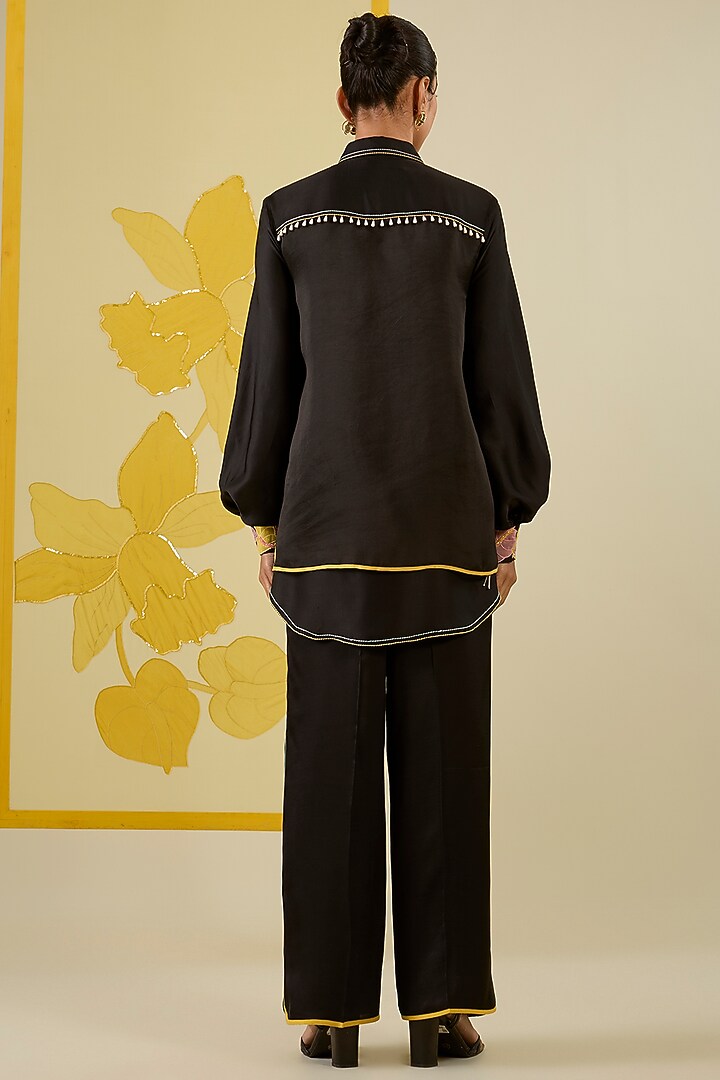 Black Linen Satin Applique & Pearl Work Co-Ord Set by I AM DESIGN at Pernia's Pop Up Shop