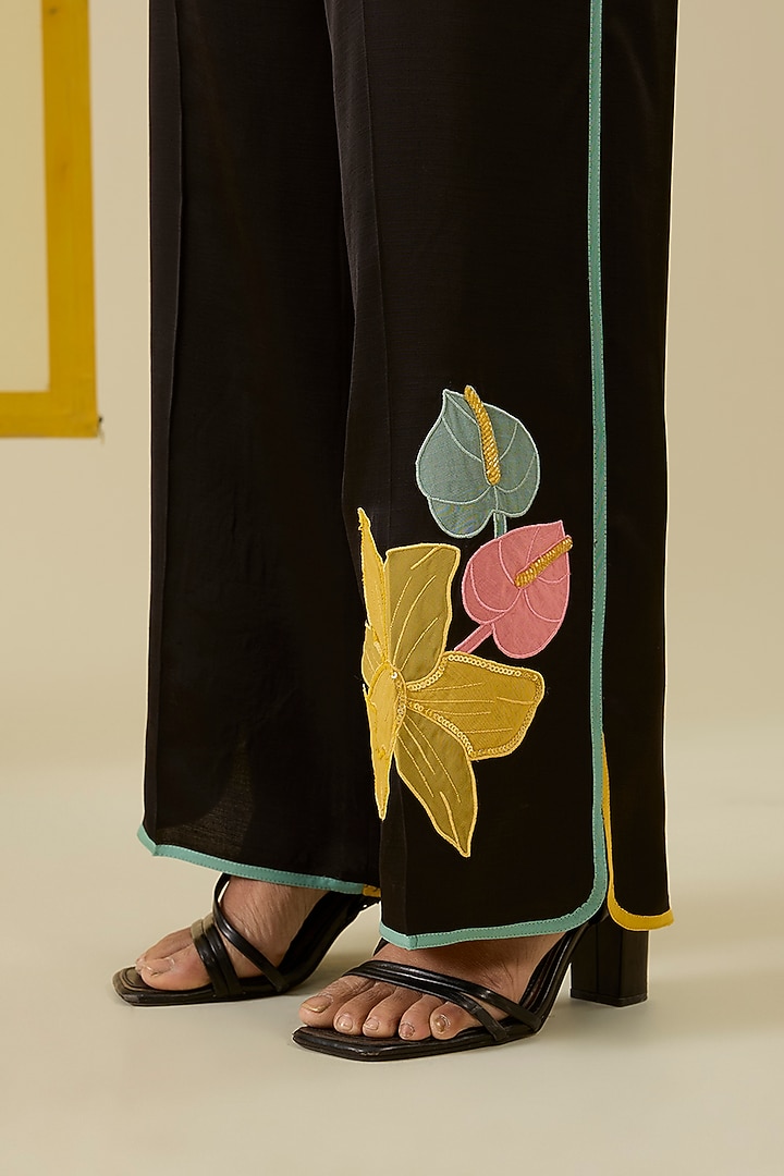 Black Linen Satin Applique & Pearl Work Co-Ord Set by I AM DESIGN at Pernia's Pop Up Shop