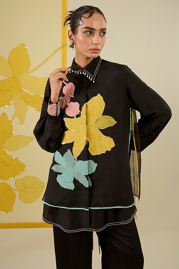 Black Linen Satin Applique & Pearl Work Co-Ord Set by I AM DESIGN at Pernia's Pop Up Shop