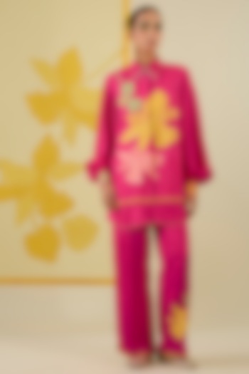 Hot Pink Linen Satin Applique & Pearl Work Co-Ord Set by I AM DESIGN at Pernia's Pop Up Shop
