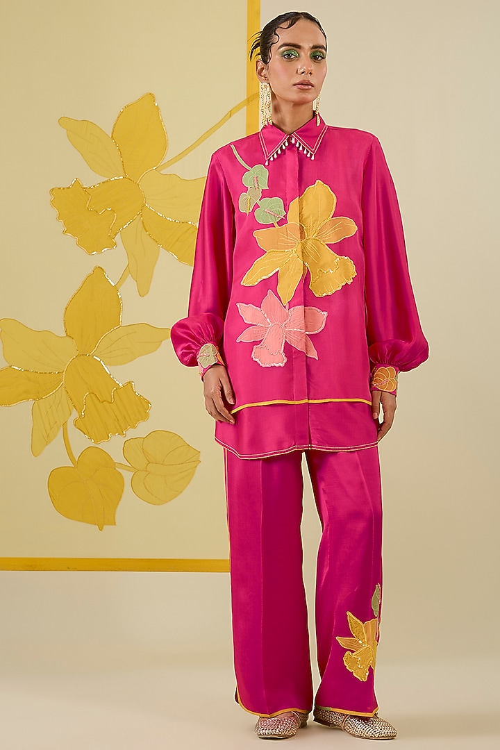 Hot Pink Linen Satin Applique & Pearl Work Co-Ord Set by I AM DESIGN at Pernia's Pop Up Shop