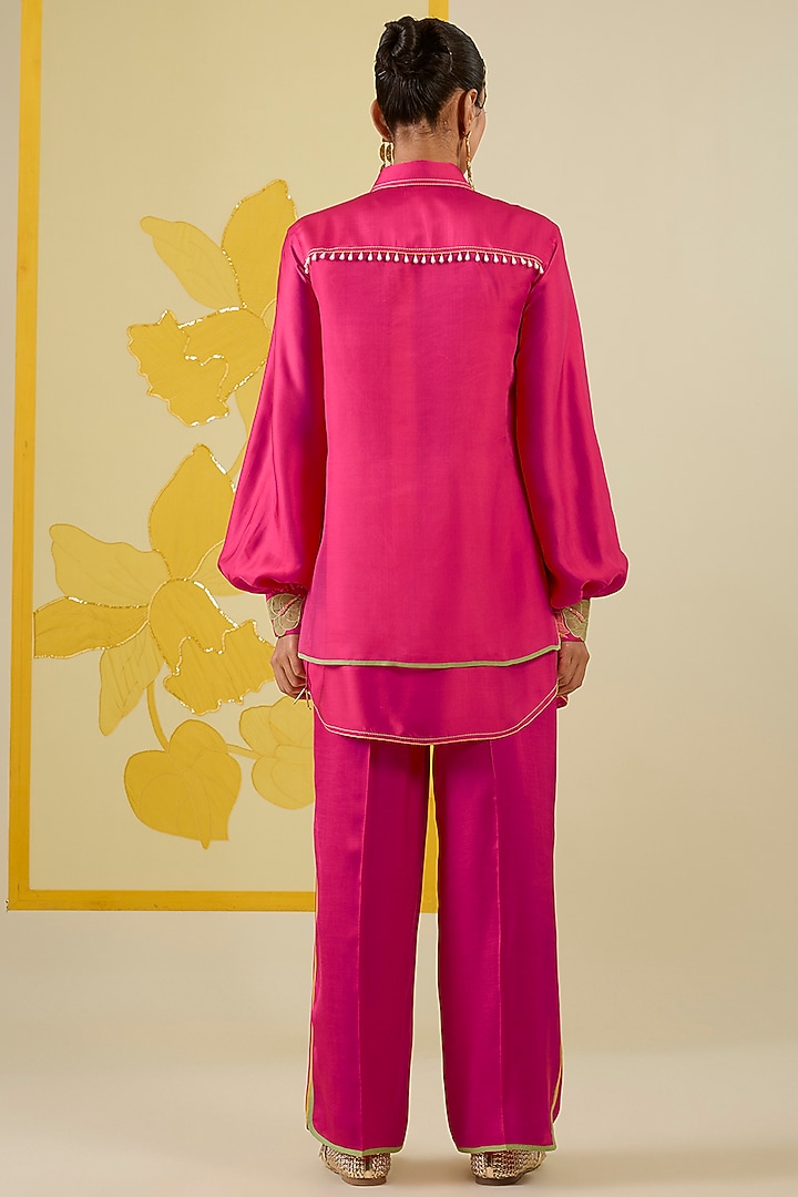 Hot Pink Linen Satin Applique & Pearl Work Co-Ord Set by I AM DESIGN at Pernia's Pop Up Shop