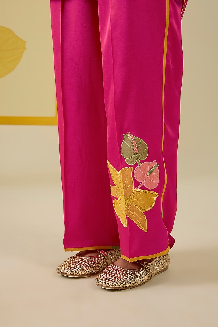 Hot Pink Linen Satin Applique & Pearl Work Co-Ord Set by I AM DESIGN at Pernia's Pop Up Shop