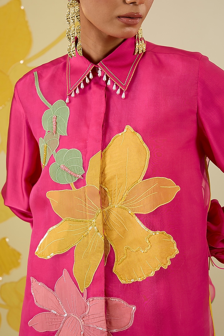 Hot Pink Linen Satin Applique & Pearl Work Co-Ord Set by I AM DESIGN at Pernia's Pop Up Shop