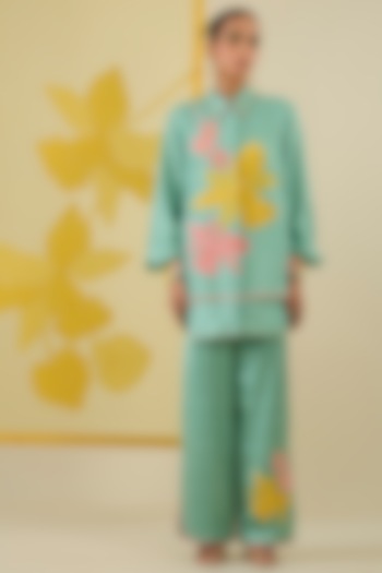 Mint Linen Satin Applique & Pearl Work Co-Ord Set by I AM DESIGN at Pernia's Pop Up Shop