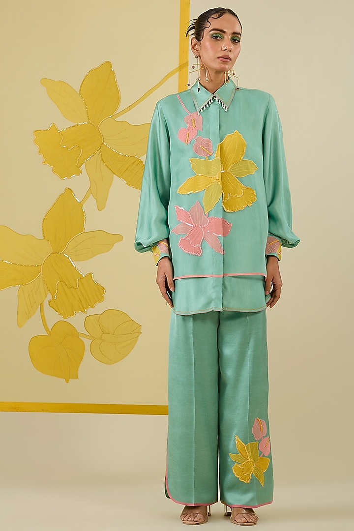 Mint Linen Satin Applique & Pearl Work Co-Ord Set by I AM DESIGN at Pernia's Pop Up Shop