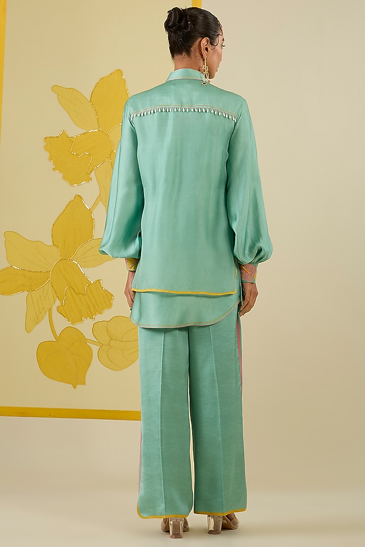 Mint Linen Satin Applique & Pearl Work Co-Ord Set by I AM DESIGN at Pernia's Pop Up Shop