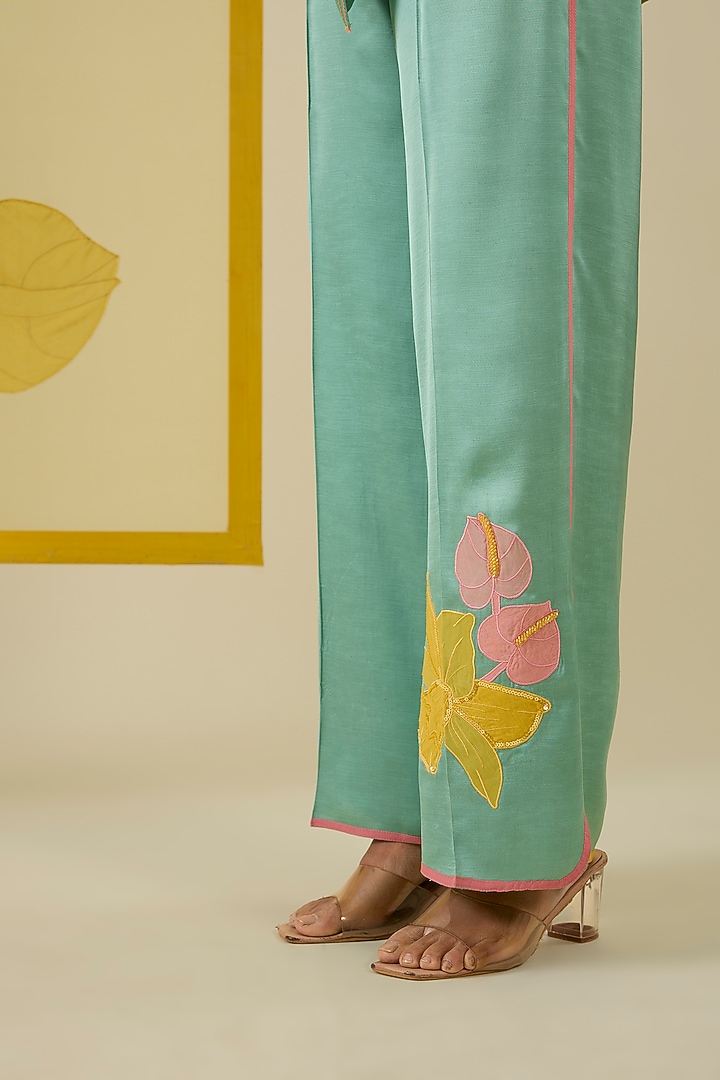 Mint Linen Satin Applique & Pearl Work Co-Ord Set by I AM DESIGN at Pernia's Pop Up Shop