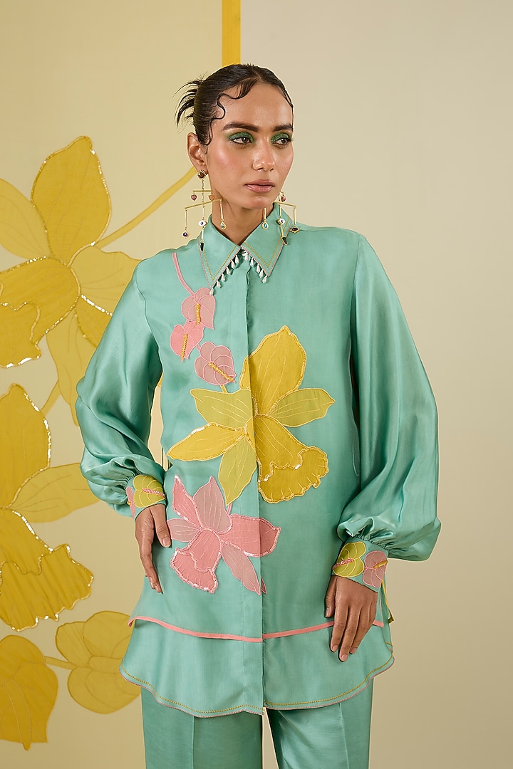 Mint Linen Satin Applique & Pearl Work Co-Ord Set by I AM DESIGN at Pernia's Pop Up Shop