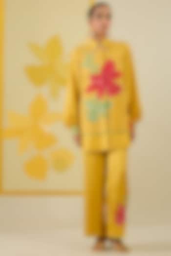 Mustard Linen Satin Applique & Pearl Work Co-Ord Set by I AM DESIGN at Pernia's Pop Up Shop