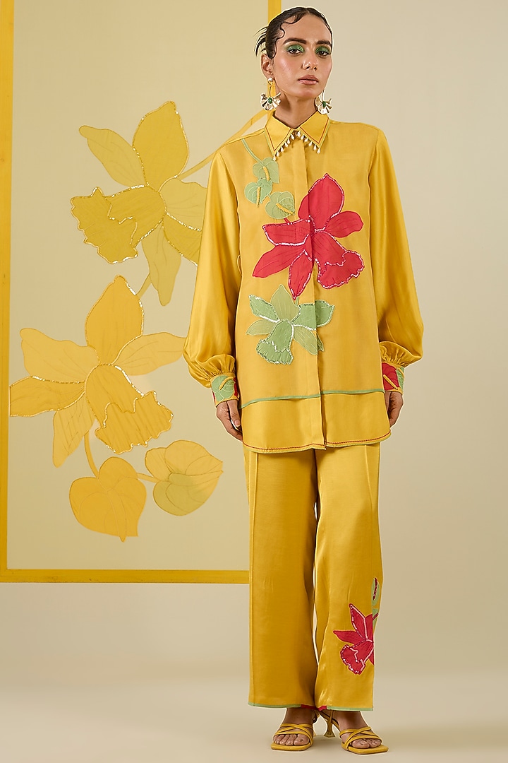 Mustard Linen Satin Applique & Pearl Work Co-Ord Set by I AM DESIGN at Pernia's Pop Up Shop