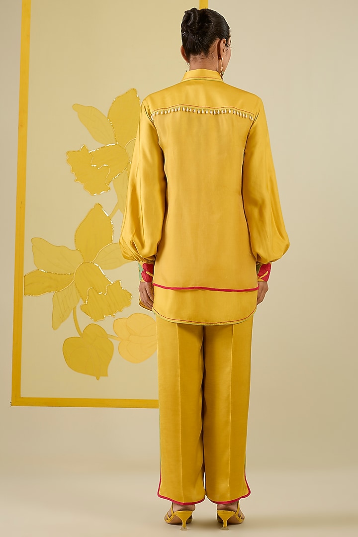 Mustard Linen Satin Applique & Pearl Work Co-Ord Set by I AM DESIGN at Pernia's Pop Up Shop
