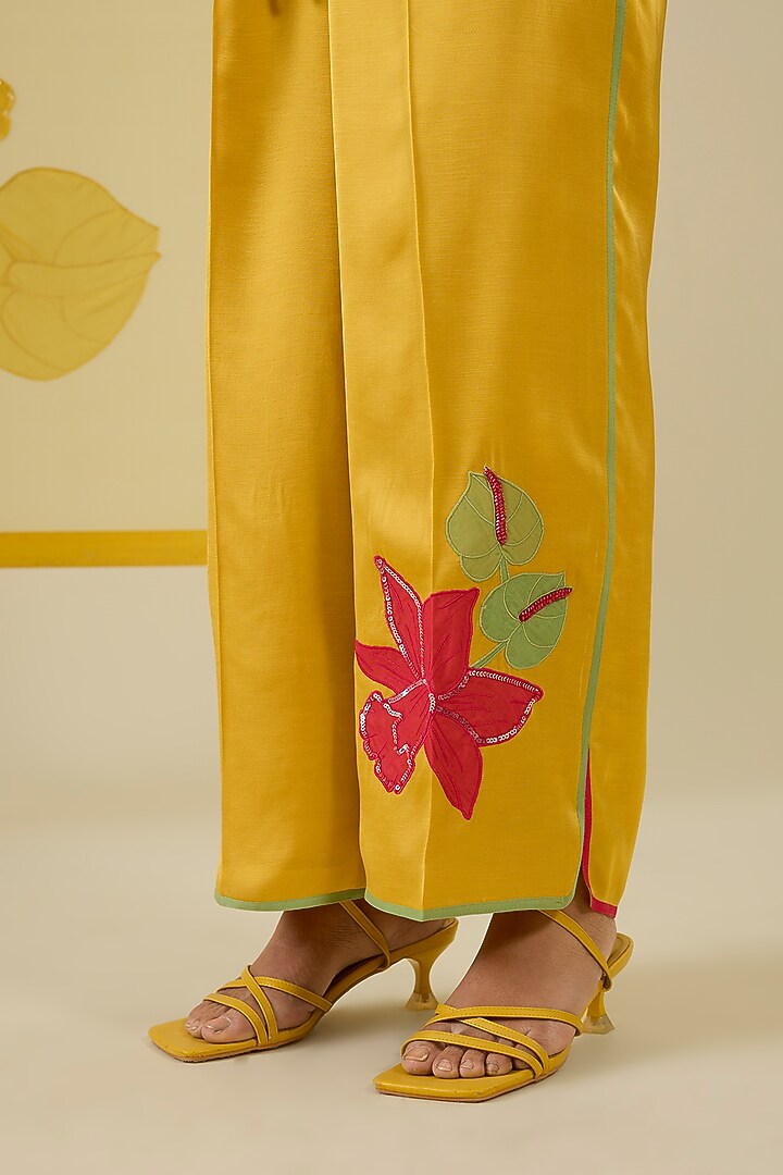 Mustard Linen Satin Applique & Pearl Work Co-Ord Set by I AM DESIGN at Pernia's Pop Up Shop