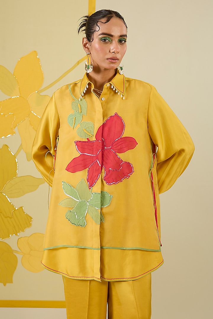 Mustard Linen Satin Applique & Pearl Work Co-Ord Set by I AM DESIGN at Pernia's Pop Up Shop
