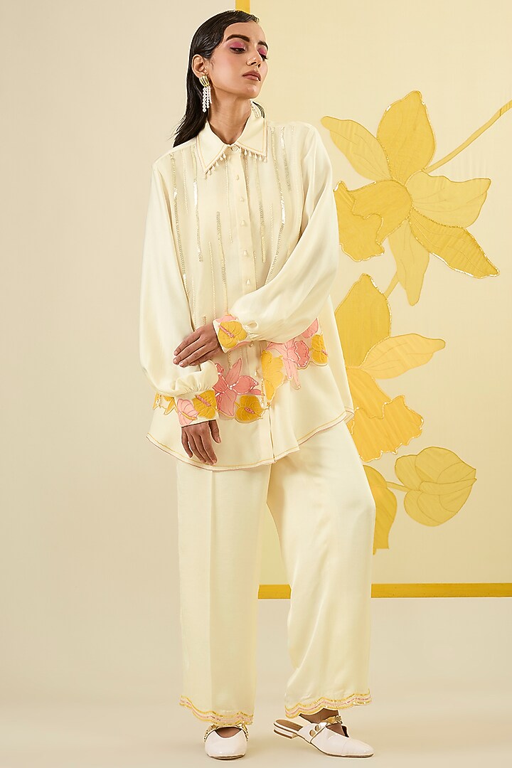 Ivory Linen Satin Applique & Sequin Work Co-Ord Set by I AM DESIGN at Pernia's Pop Up Shop