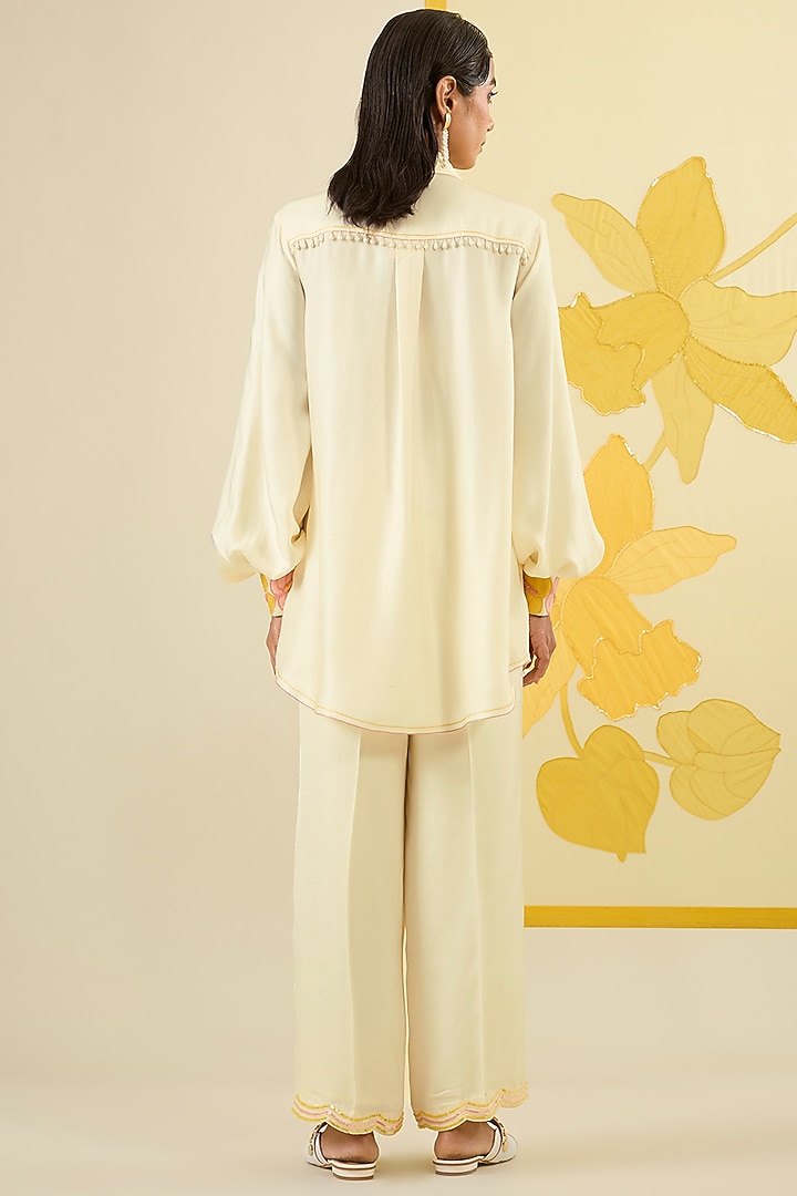 Ivory Linen Satin Applique & Sequin Work Co-Ord Set by I AM DESIGN at Pernia's Pop Up Shop