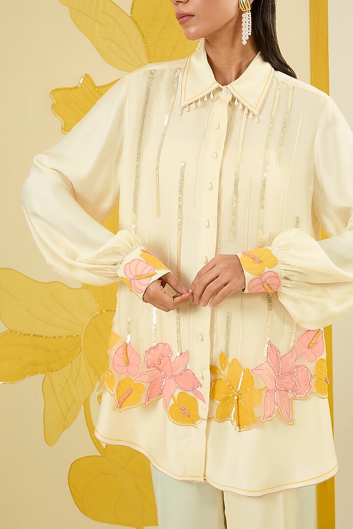Ivory Linen Satin Applique & Sequin Work Co-Ord Set by I AM DESIGN at Pernia's Pop Up Shop