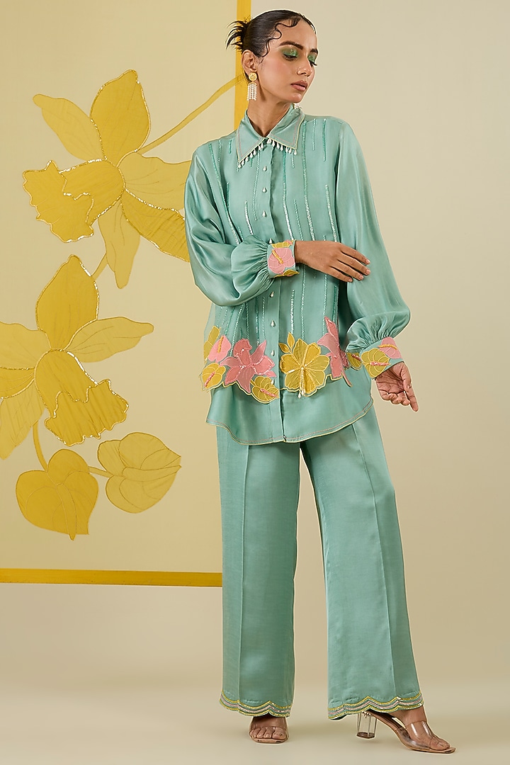 Mint Linen Satin Applique & Sequin Work Co-Ord Set by I AM DESIGN at Pernia's Pop Up Shop