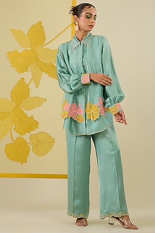 Mint Linen Satin Applique & Sequin Work Co-Ord Set by I AM DESIGN