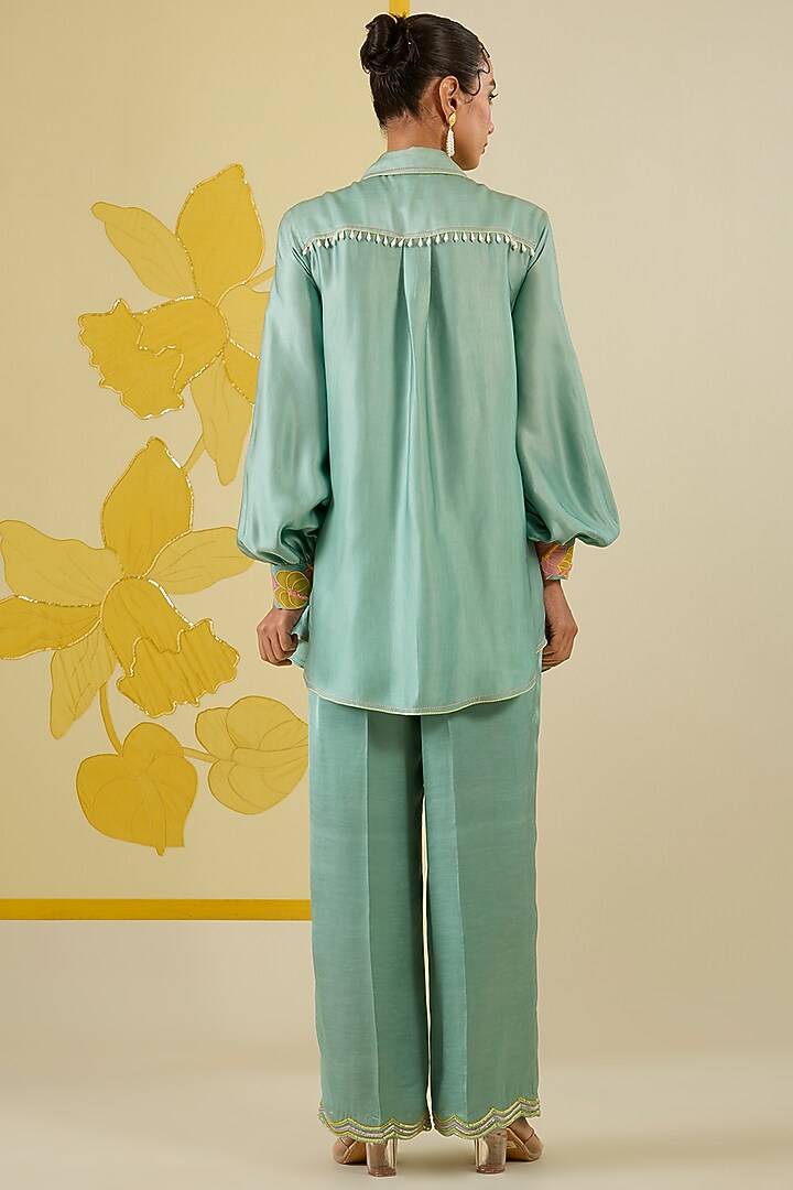 Mint Linen Satin Applique & Sequin Work Co-Ord Set by I AM DESIGN at Pernia's Pop Up Shop