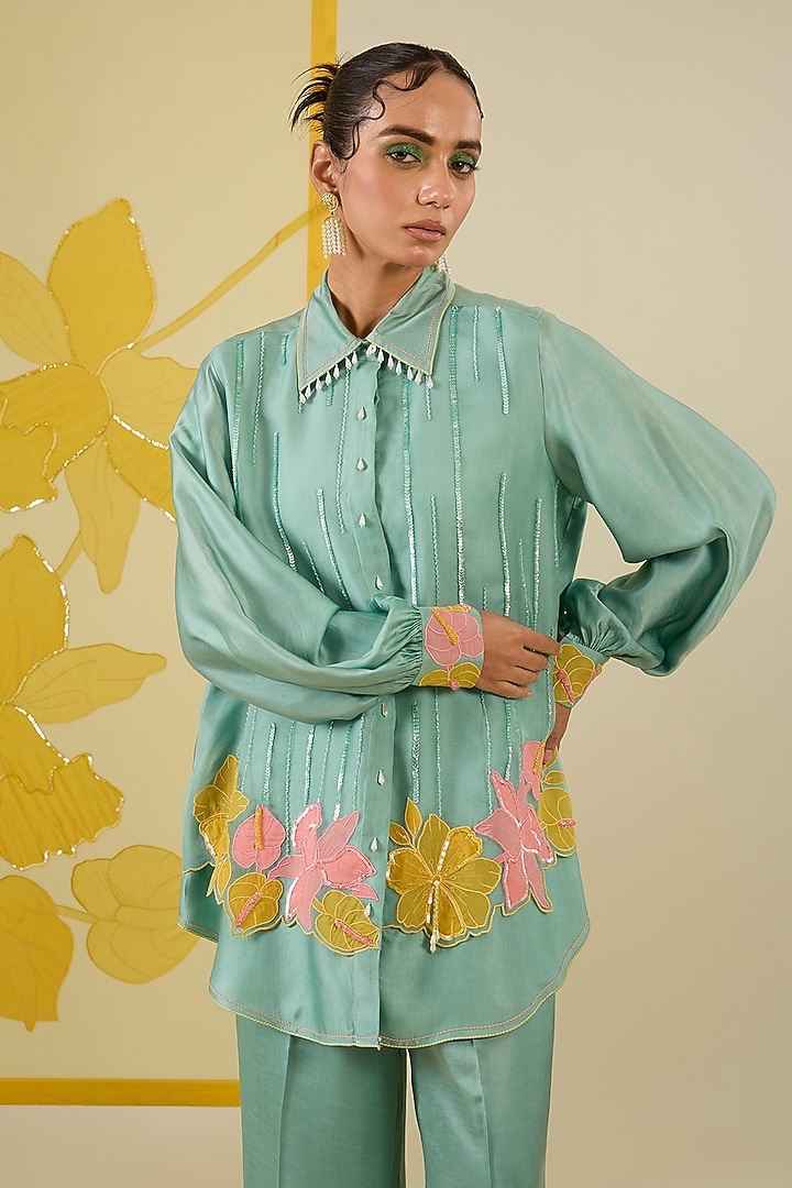 Mint Linen Satin Applique & Sequin Work Co-Ord Set by I AM DESIGN at Pernia's Pop Up Shop