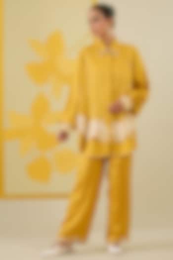 Mustard Linen Satin Applique & Sequin Work Co-Ord Set by I AM DESIGN at Pernia's Pop Up Shop