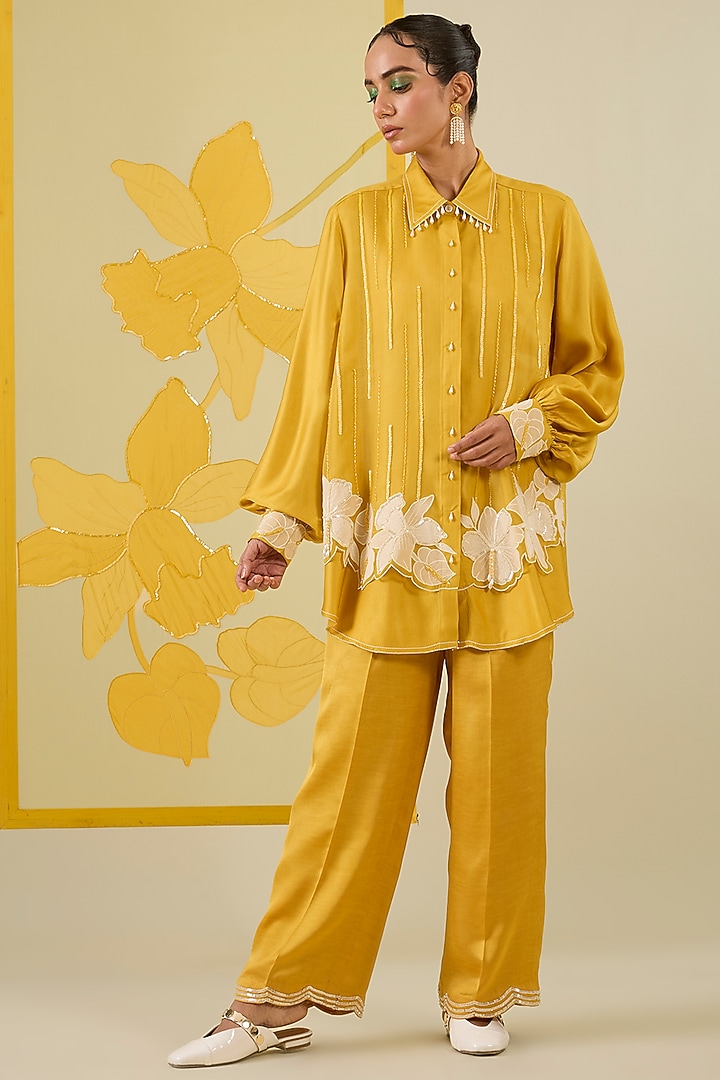 Mustard Linen Satin Applique & Sequin Work Co-Ord Set by I AM DESIGN at Pernia's Pop Up Shop