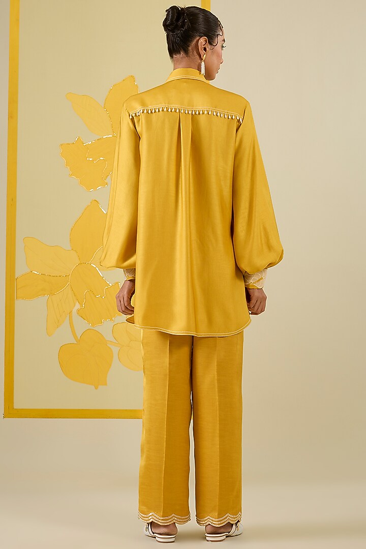 Mustard Linen Satin Applique & Sequin Work Co-Ord Set by I AM DESIGN at Pernia's Pop Up Shop