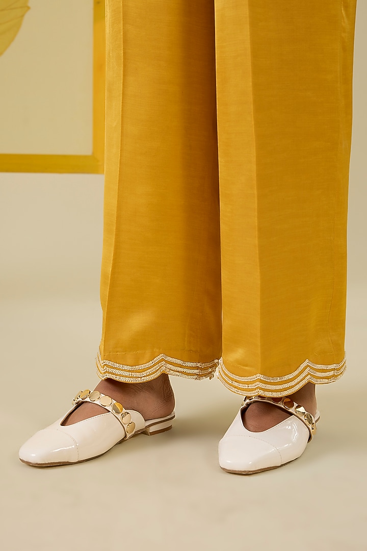 Mustard Linen Satin Applique & Sequin Work Co-Ord Set by I AM DESIGN at Pernia's Pop Up Shop