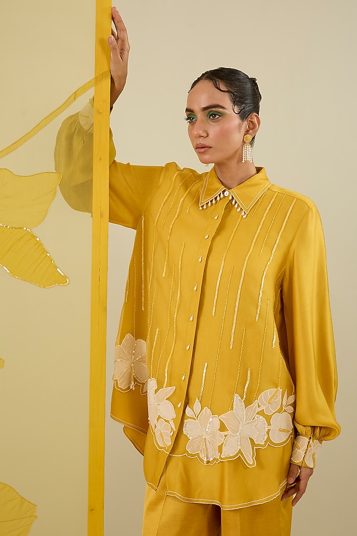 Mustard Linen Satin Applique & Sequin Work Co-Ord Set by I AM DESIGN at Pernia's Pop Up Shop