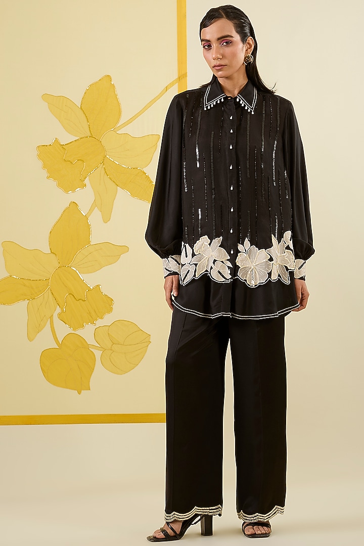 Black Linen Satin Applique & Sequin Work Co-Ord Set by I AM DESIGN at Pernia's Pop Up Shop