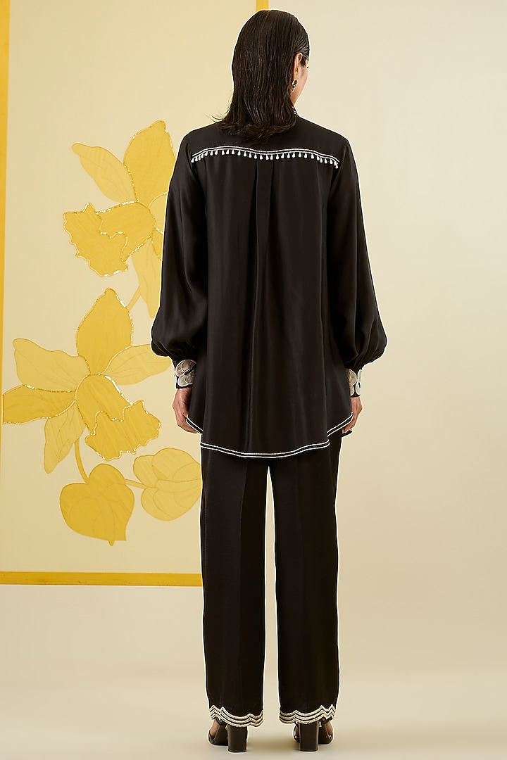 Black Linen Satin Applique & Sequin Work Co-Ord Set by I AM DESIGN at Pernia's Pop Up Shop