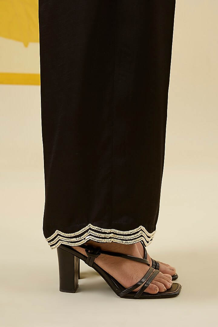 Black Linen Satin Applique & Sequin Work Co-Ord Set by I AM DESIGN at Pernia's Pop Up Shop